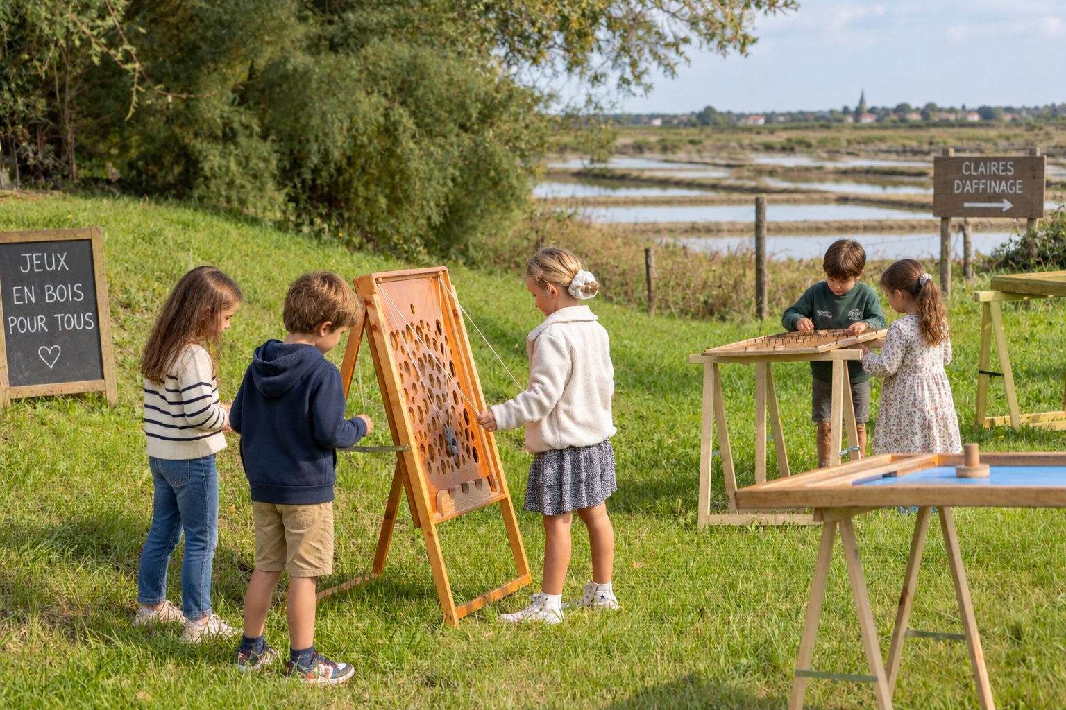 Enfants jouant aux jeux en bois au bord des claires, aux Fêtes de l'Ostra